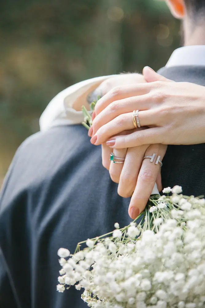 detail on the brides hand to capture the rings and bouquet