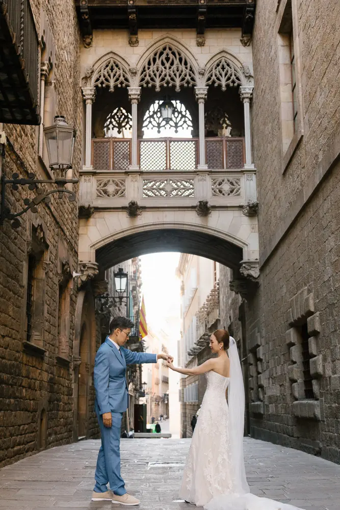The couple in the gothic area for a couple photo shoot