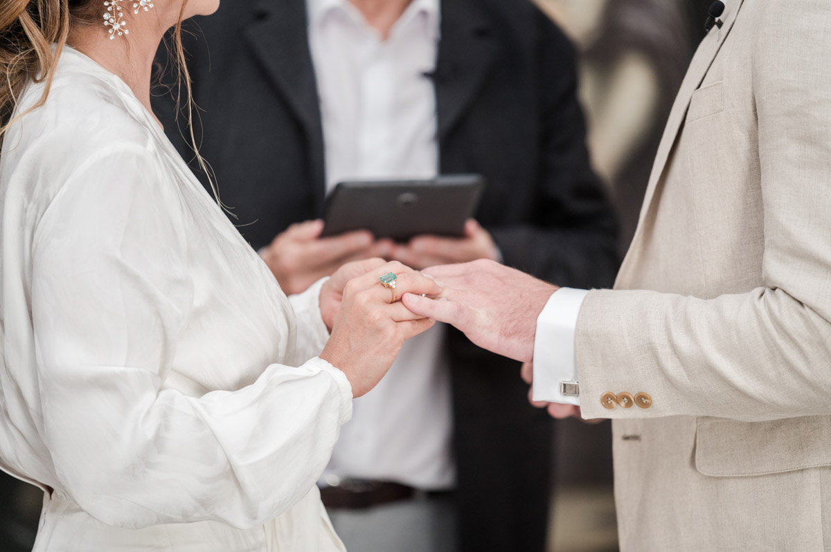 bride and groom exchanging the rings