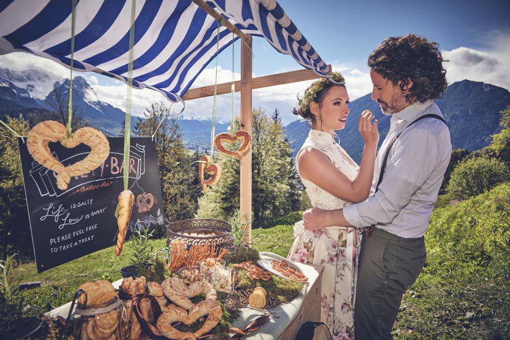 The bride and groom in a mountain setting to celebrate their wedding