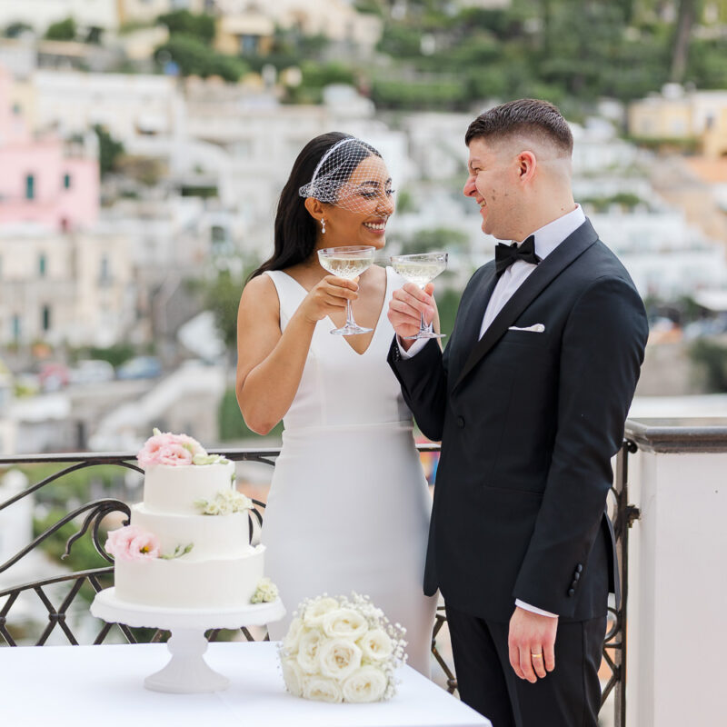 Wedding on Amalfi coast–002 The cople drinking a cup of Champagne facing each other after the ceremony in Amalfi