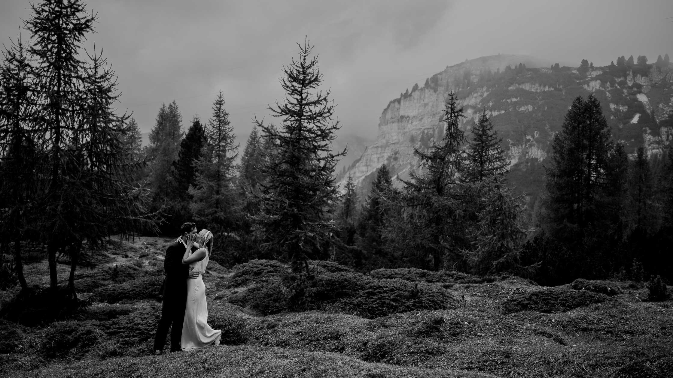 black and white photo of an Elopement in Dolomites-101